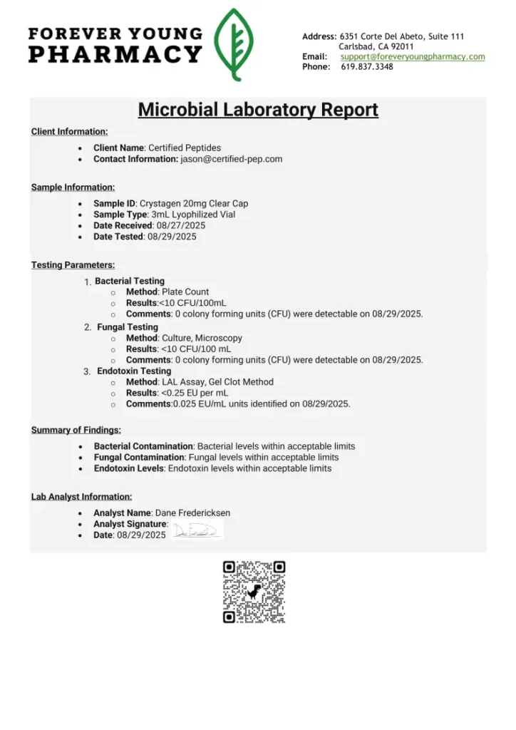 ContaminantLaboratoryReport-Crystagen20mgClear-CertifiedPeptides-08.29.2025